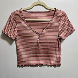 American Eagle Pink Striped V-Neck Cropped Tee Lettuce Edge Short Sleeve Women